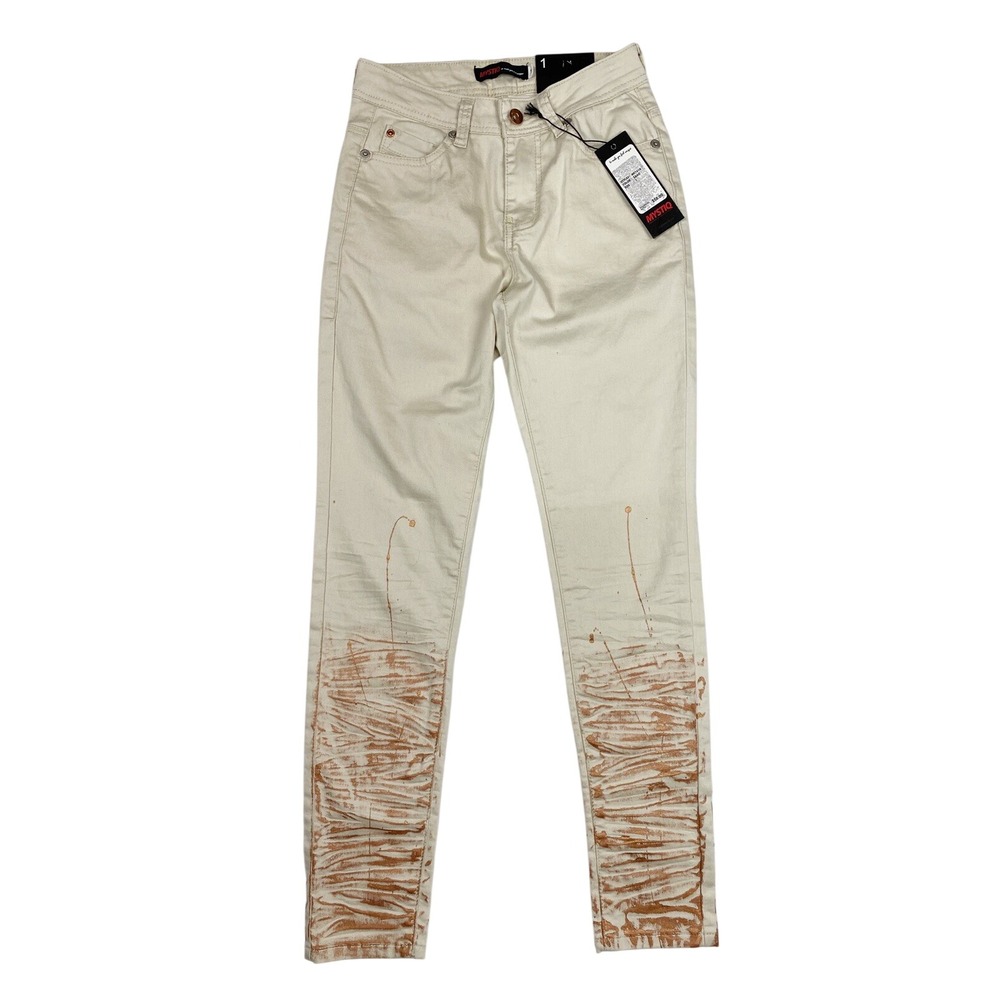 Mystiq MF7614 Sand Paint Splatter Crinkle Skinny Jeans Women‎ Size 1 Tan NWT